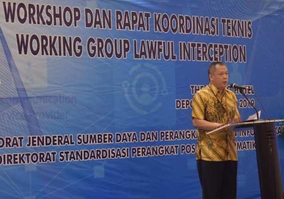 Ilustrasi: Direktur Standardisasi Perangkat Pos dan Informatika Beri Sambutan dalam Workshop Lawful Interception di Depok Selasa (19/3/2019).