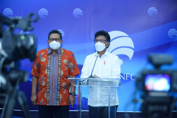Ilustrasi: Menteri Kominfo, Johny G. Plate, didampingi Dirjen SDPPI Ismail memberikan keterangan pers terkait kesiapan infrastruktur Mandalika, Selasa (15/02/2022).